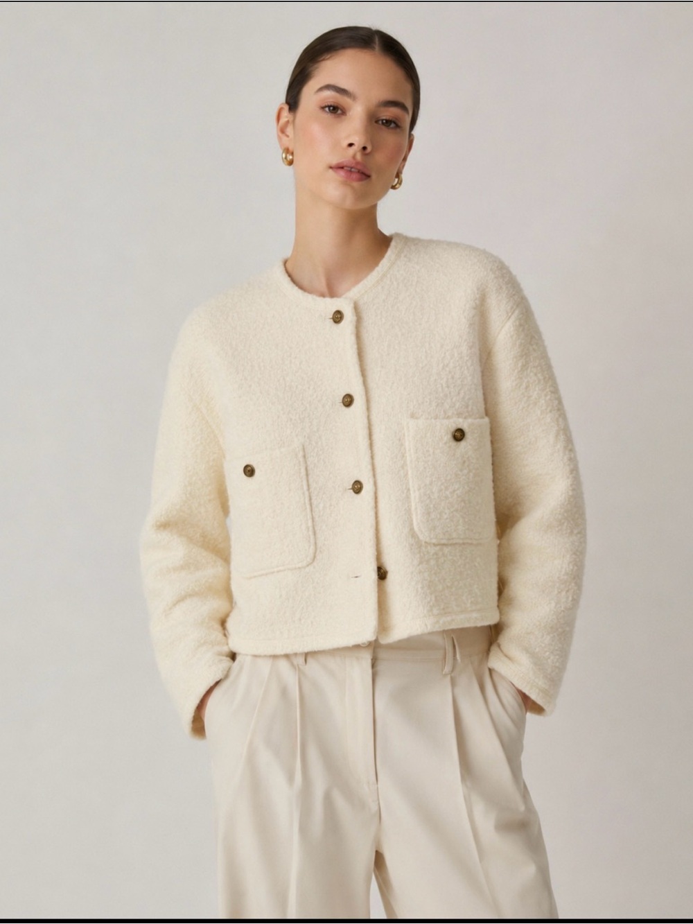 Massimo Dutti Bouclé Textured Cropped Jacket Gold Buttons Cream Size M NWT